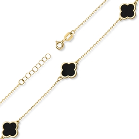 Armband Armkette 3 Kleeblatt-Blumen mit Onyx schwarz 585 Gold Gelbgold 20cm