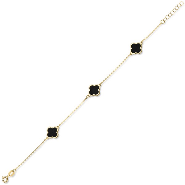 Armband 3 Kleeblatt-Blumen mit Onyx 585 Gelbgold 20cm
