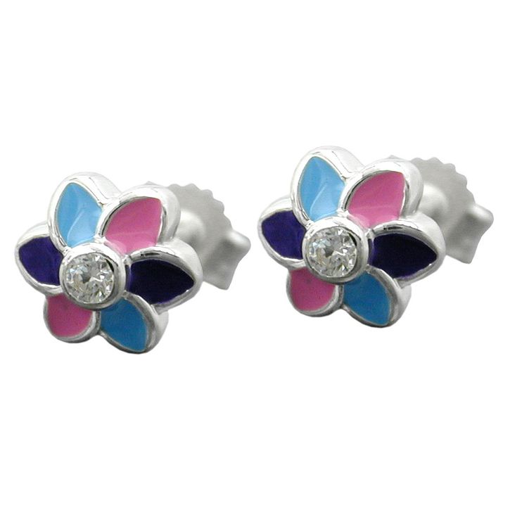 Ohrstecker Blumen aus 925 Silber blau-lila-pink