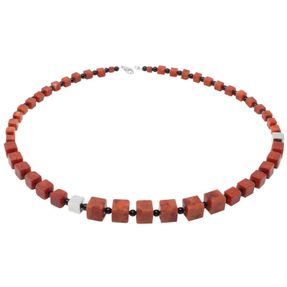 Kette Collier Koralle Würfel & Onyx & 925 Silber rot-braun schwarz Designerkette Damen