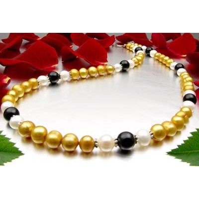 Kette aus Perlen und Onyx gelb-schwarz-weiß