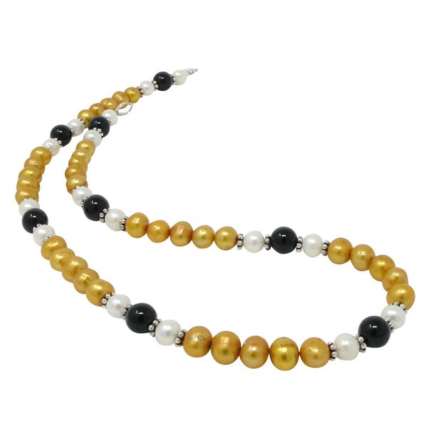 Kette aus Perlen und Onyx gelb-schwarz-weiß