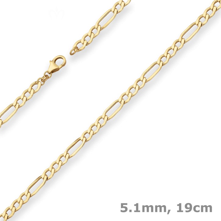 5.1mm Armband Figarokette hohl aus 333 Gelbgold 19cm