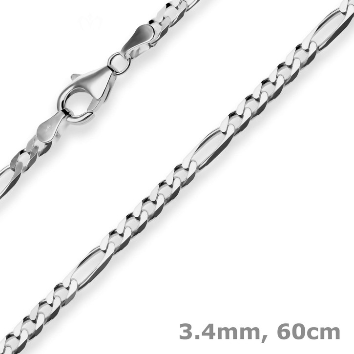 3.4mm Figarokette diamantiert aus 925 Silber rhodiniert 60cm