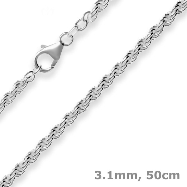 3.1mm Kordelkette massiv aus 925 Silber rhodiniert 50cm