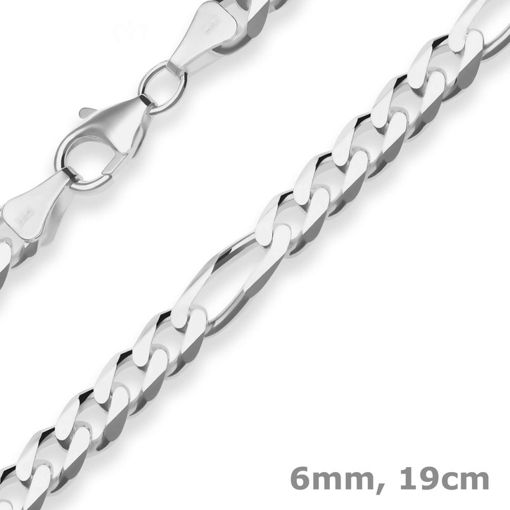6mm Armband Figarokette diamantiert aus 925 Silber 19cm