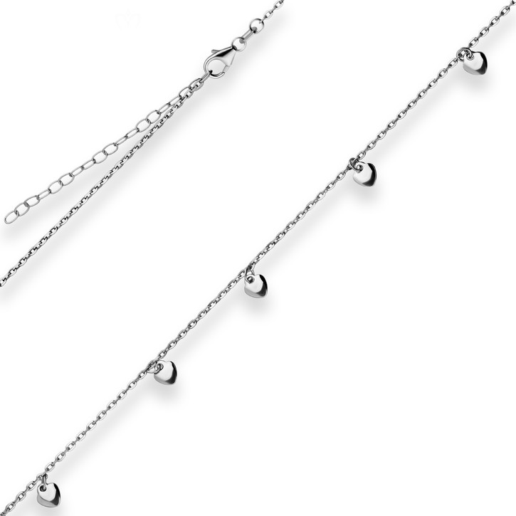 1.6mm Ankerkette diamantiert Herzen 925 Silber rhodiniert 38cm
