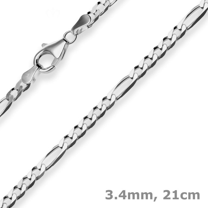 3.4mm Armband Figarokette diamantiert aus 925 Silber rhodiniert