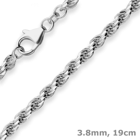 3,8mm Armband Kordelkette massiv Armschmuck aus 925 Silber rhodiniert 19cm