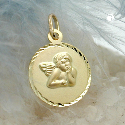 Anhänger Engel aus 375 Gelbgold matt rund