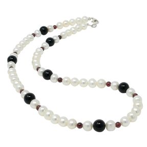 Kette Halskette aus Onyx & Granat & Süßwasser Zuchtperlen, 925 Silber, Damen