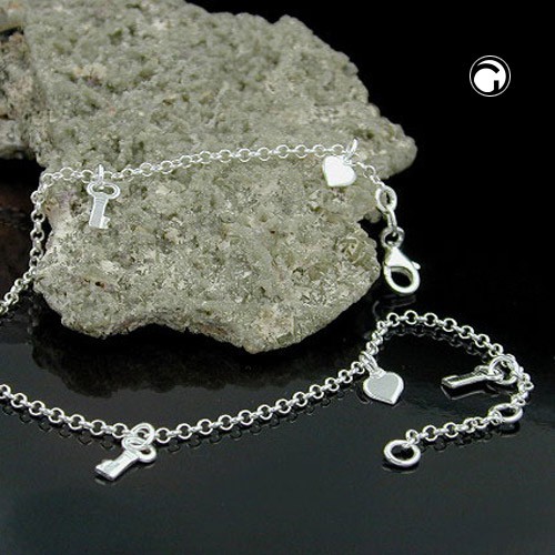 Fußkette mit Herz und Schlüssel 925 Silber 27cm