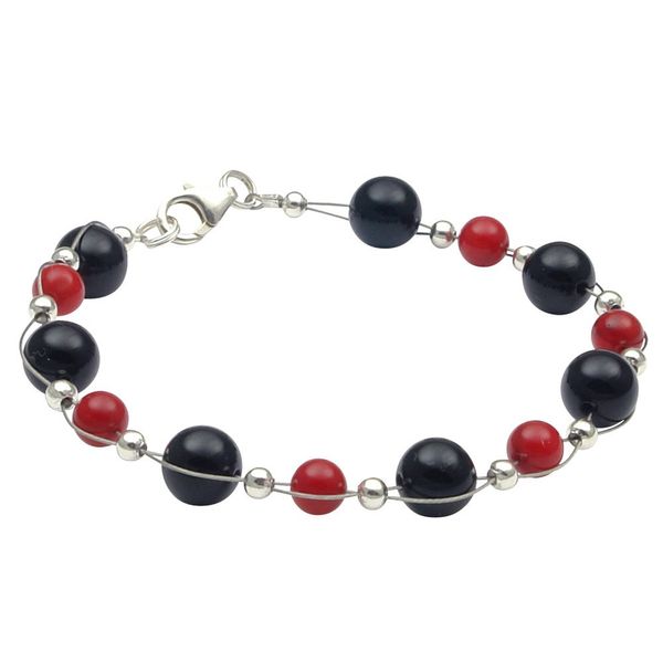 Kugel-Armband Koralle und Onyx 925 Silber 20cm