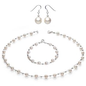 Perlenkette Collier Armband Ohrringe Schmuck-Set weiß echte Perlen Hochzeit Damen Frauen Brautschmuck