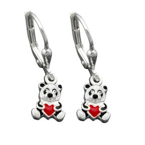 Ohrringe Ohrhänger 23x7mm Brisur Panda Bär mit Herz 925 Silber für Kinder