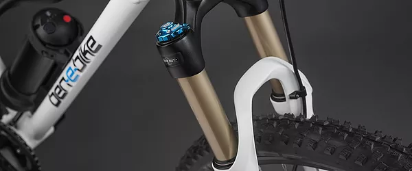 Detailed view of the suspension fork of the e-bike