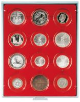 Box monnaies Lindner 2548 boîte grise, plateau rouge Standard à 48 alvéoles 26 mm Ø pour monnaies sous capsules 