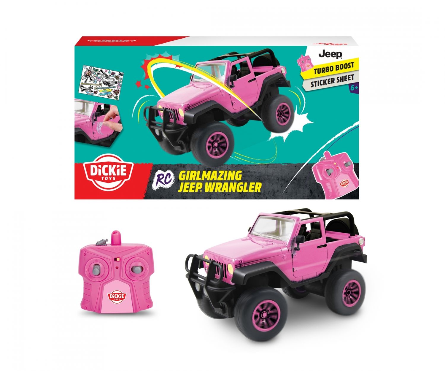 Dickie Toys 251106003 Jeep Wrangler SUV Girlmazing RC auto giocattolo con 2 canali radio 2.4GHz Turbo + adesivo, rosa metallizzato lucido
