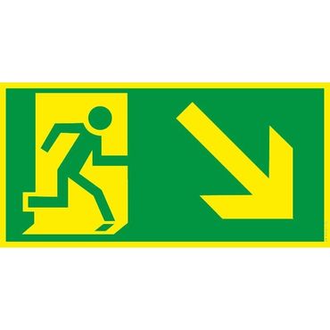 Flucht-Rettungsweg-„Rechts Abwärts“, ISO 7010 - 40x20cm, PVC Schild, 1 mm stark, lang nachleuchtend nach DIN 67510