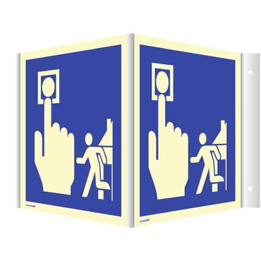 Nasenschild nach ISO 7010 / F 005, zweiseitig bedruckt, mit 2 Symbolen “ Brandmelder blau