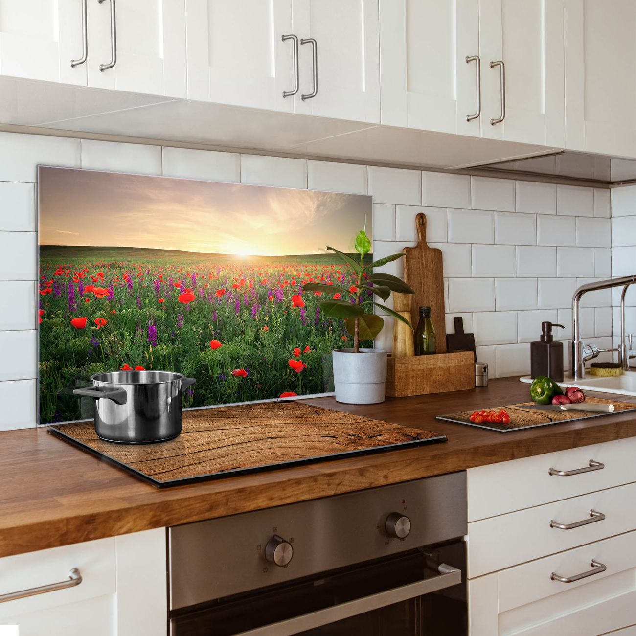 banjado Küchenrückwand Glas 60x60cm selbstklebend ohne Bohren, Herd Spritzschutz Wand aus Echtglas ESG, magnetisch mit Motiv Sommerfeld