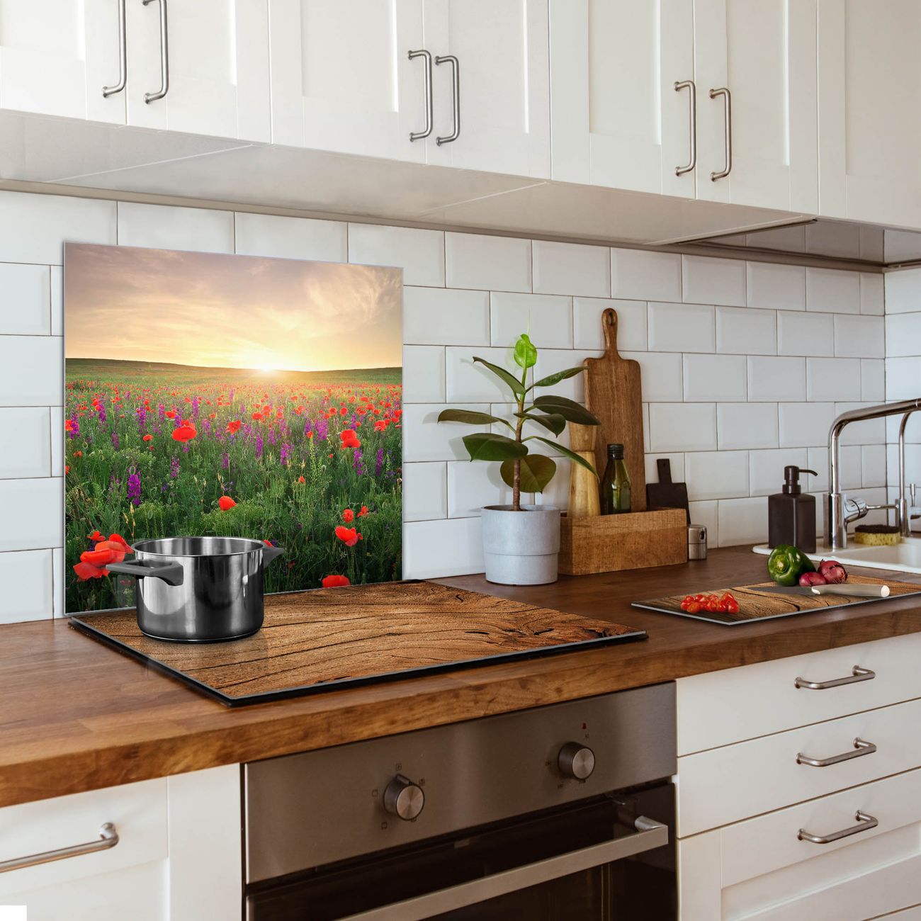 banjado Küchenrückwand Glas 70x70cm selbstklebend ohne Bohren, Herd Spritzschutz Wand aus Echtglas ESG, magnetisch mit Motiv Sommerfeld