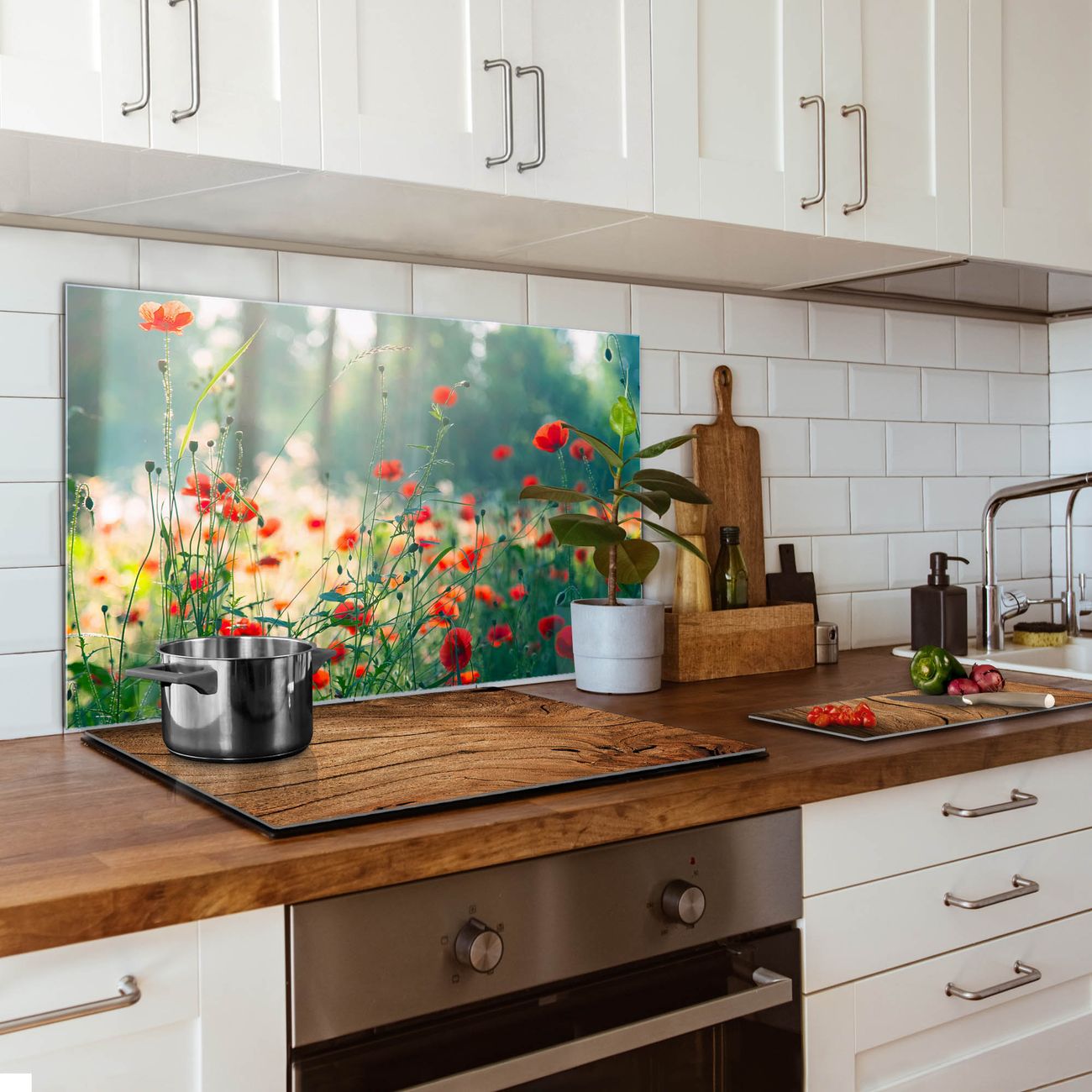 banjado Küchenrückwand Glas 50x100cm selbstklebend ohne Bohren, Herd Spritzschutz Wand aus Echtglas ESG, magnetisch mit Motiv Waldmohn