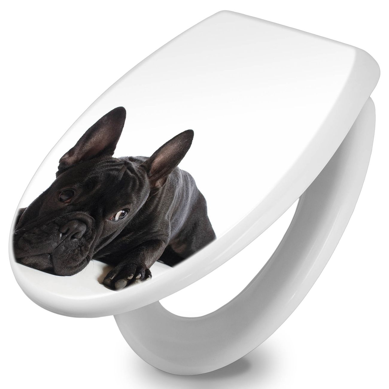 banjado Premium WC-Sitz mit Absenkautomatik O-Form weiß Soft-Close ohne Kindersitz Duroplast antibakteriell leichte Reinigung, mit Motiv Bulldogge