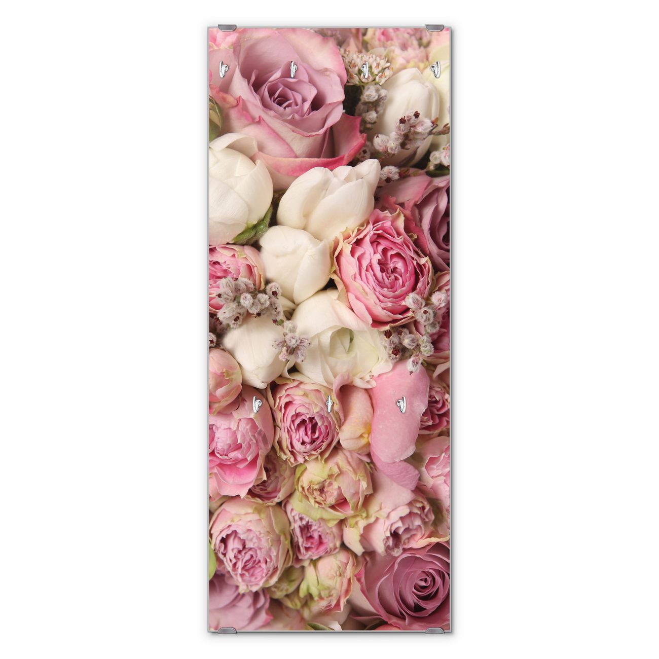 Banjado Wandgarderobe aus Echtglas, 50x125cm groß, Paneel mit 7 Haken und Motiv Strauss Rosen, Garderobenleiste mit Montagematerial, Design Flurgarderobe