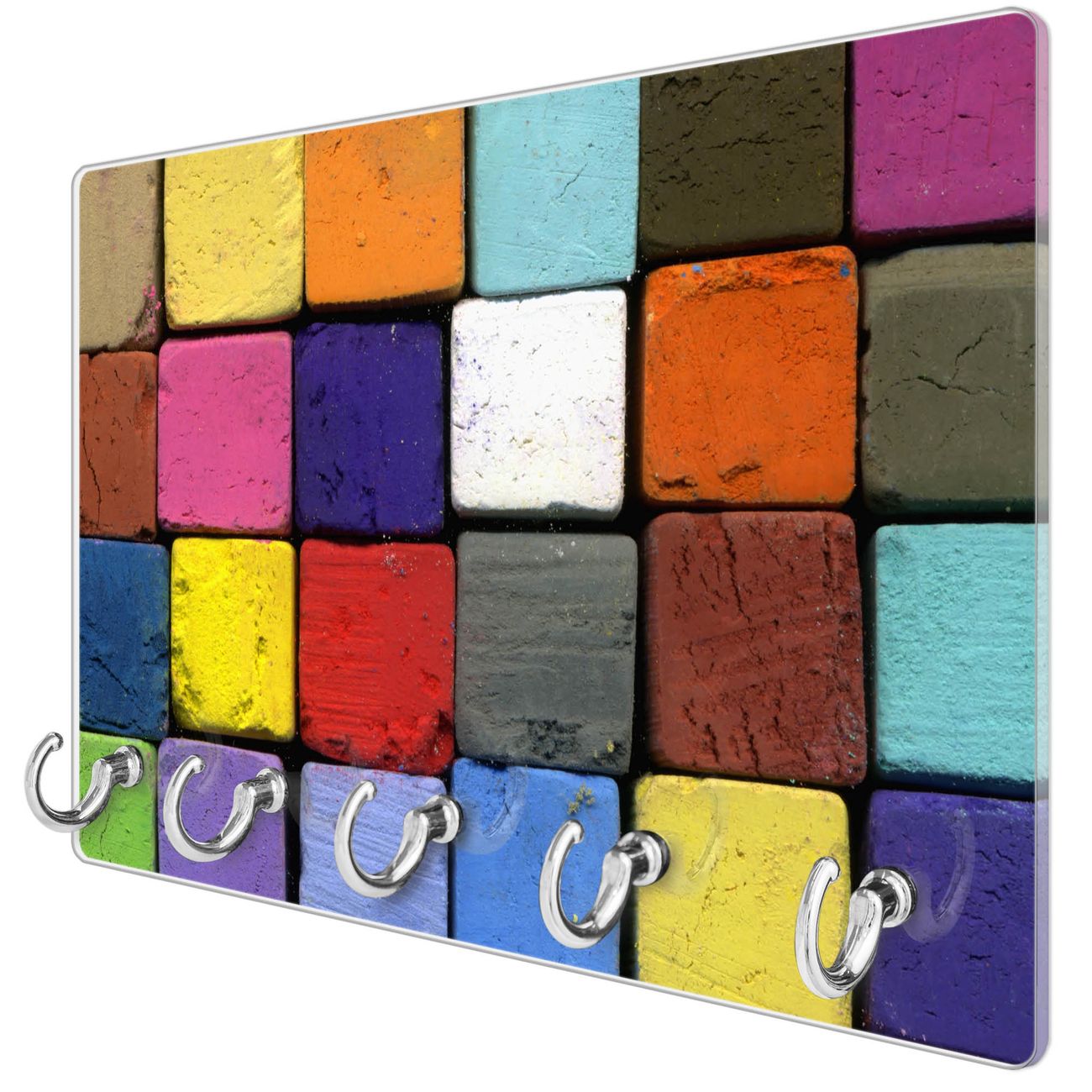 Glas Schlüsselbrett mit 5 Haken Motiv Bunte Kreide | banjado
