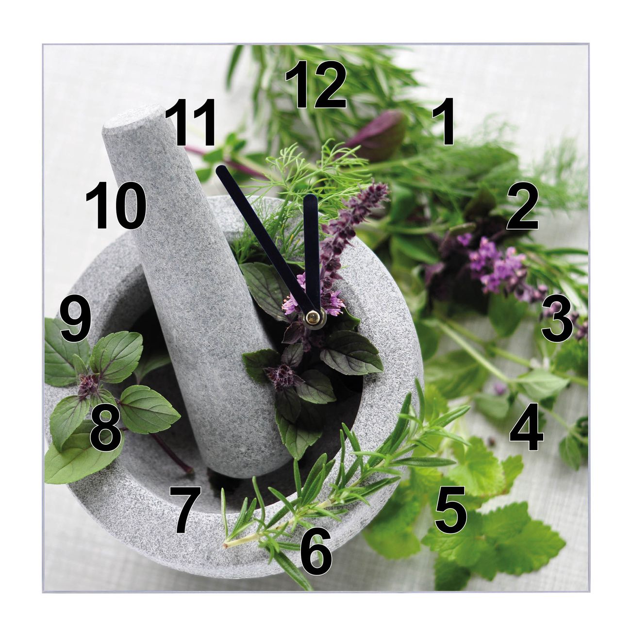banjado Wanduhr aus echtem Glas mit Motiv Kräuter, geräuscharme Wanduhr modern, 30x30cm quadratisch als Wanduhr Küche, Wohnzimmer Uhr, Uhr Flur
