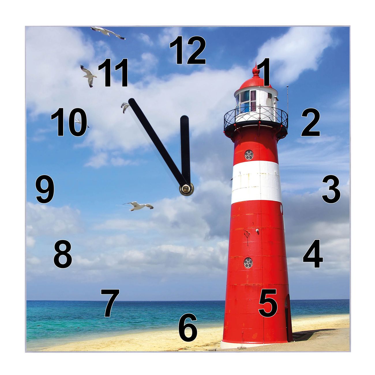 banjado Wanduhr aus echtem Glas mit Motiv Leuchtturm, geräuscharme Wanduhr modern, 30x30cm quadratisch als Wanduhr Küche, Wohnzimmer Uhr, Uhr Flur