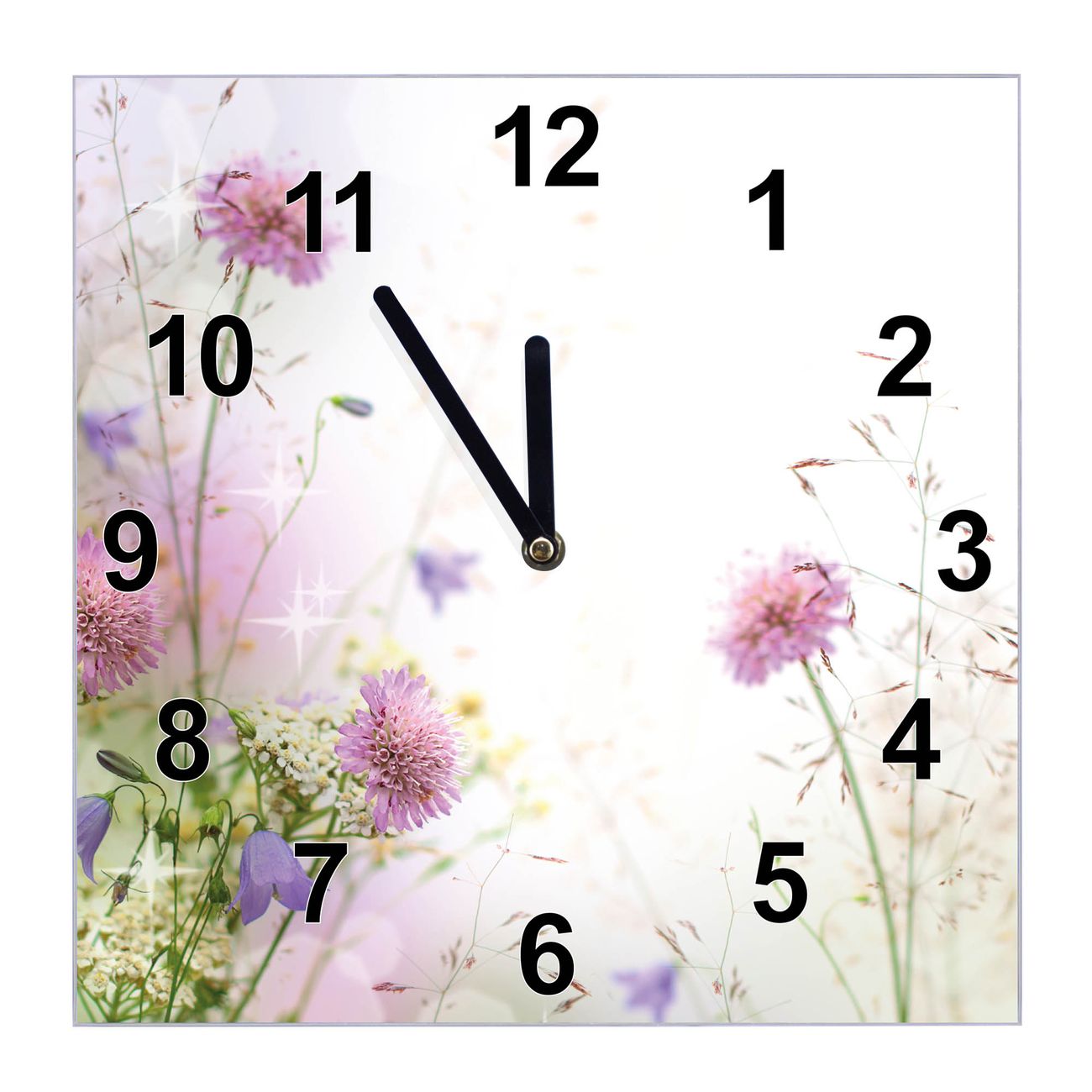 banjado Wanduhr aus echtem Glas mit Motiv Wiese Blumen, geräuscharme Wanduhr modern, 30x30cm quadratisch als Wanduhr Küche, Wohnzimmer Uhr, Uhr Flur
