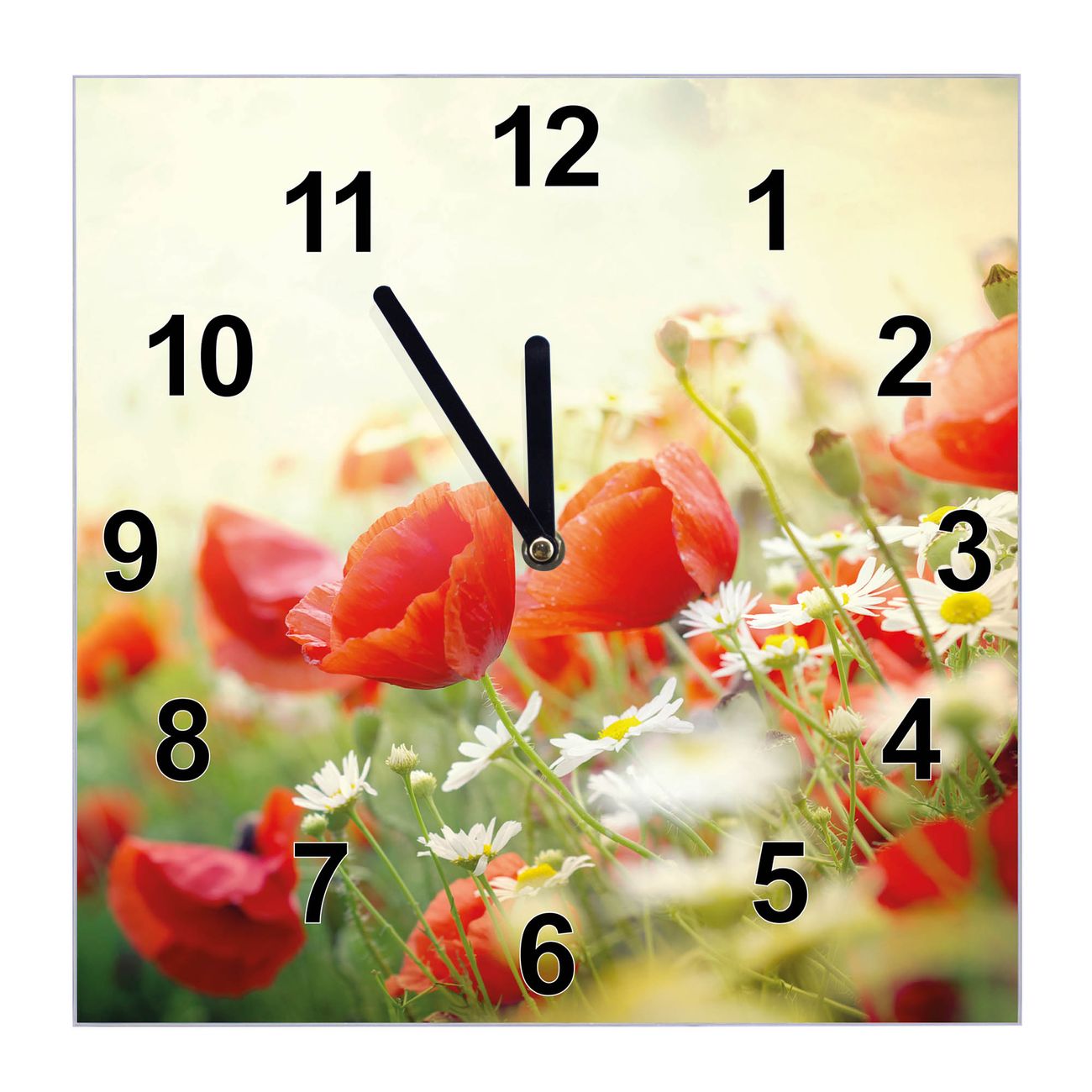 banjado Wanduhr aus echtem Glas mit Motiv Kamille & Mohn, geräuscharme Wanduhr modern, 30x30cm quadratisch als Wanduhr Küche, Wohnzimmer Uhr, Uhr Flur