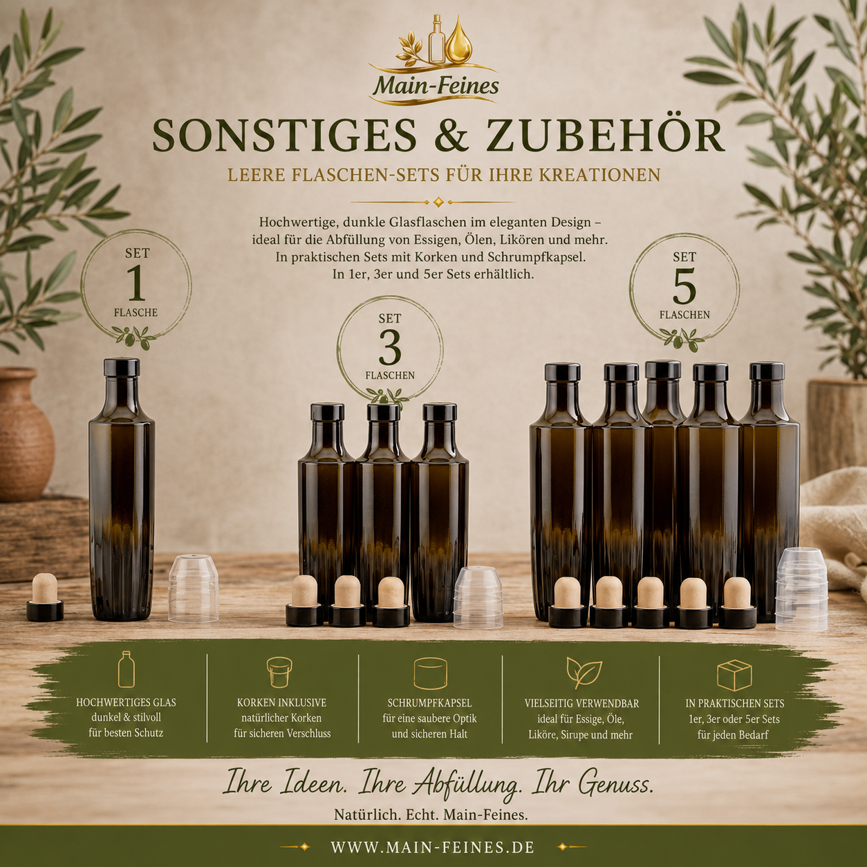 Leere Glasflaschen-Sets von Main-Feines mit Korken und Schrumpfkapsel als 1er, 3er und 5er Seti