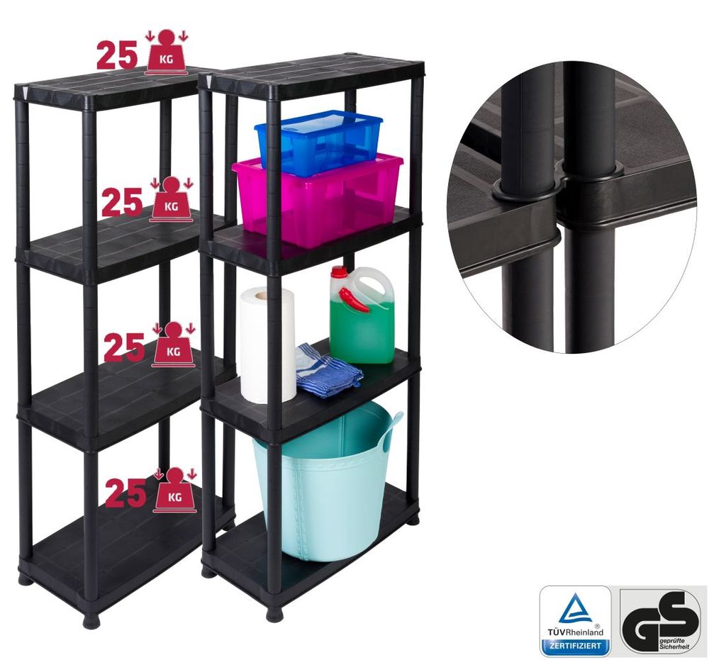 Super-Deal: Kunststoffregal mit 5 Böden und Einer Traglast von 30 kg pro Boden (gesamt 150 kg), teilbar als 3 2 Regal durch modularen Aufbau sowie zusätzlichen Kappen und Füße