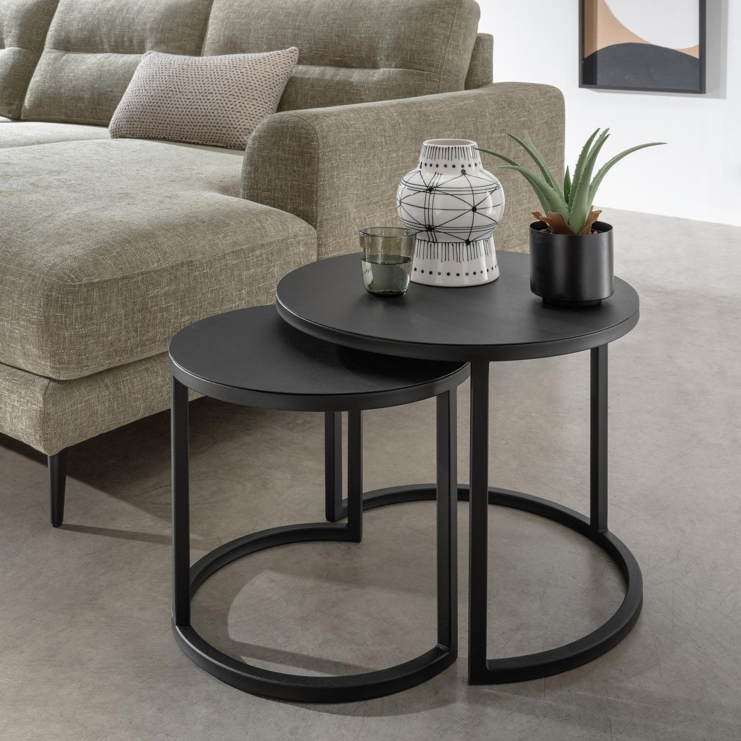 EUROSAKURA Beistelltisch 2er Set Schwarz - Nestbare Couchtische Mit Marmoroptik