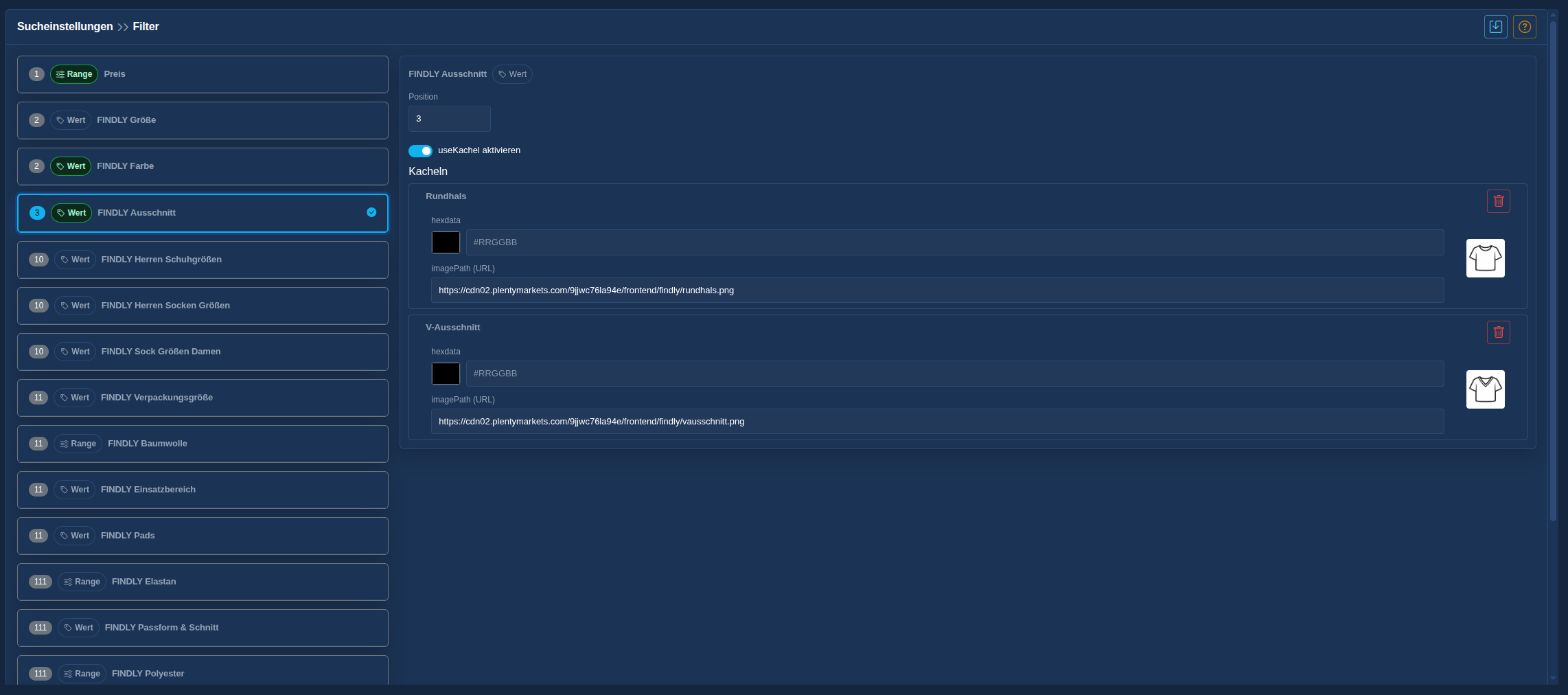 FINDLY Backend – Filter Darstellung