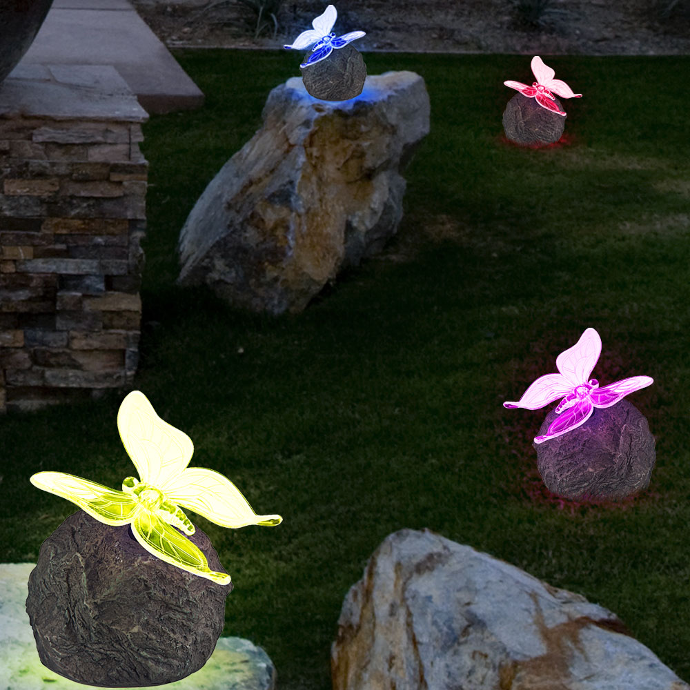 Solar Außenleuchte mit LED-Farbwechsler Stein mit Schmetterling – Bild 4