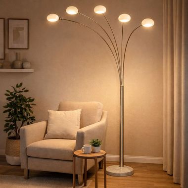 Lampadaire, marbre, verre blanc, 5 flammes, variateur, H 210 cm