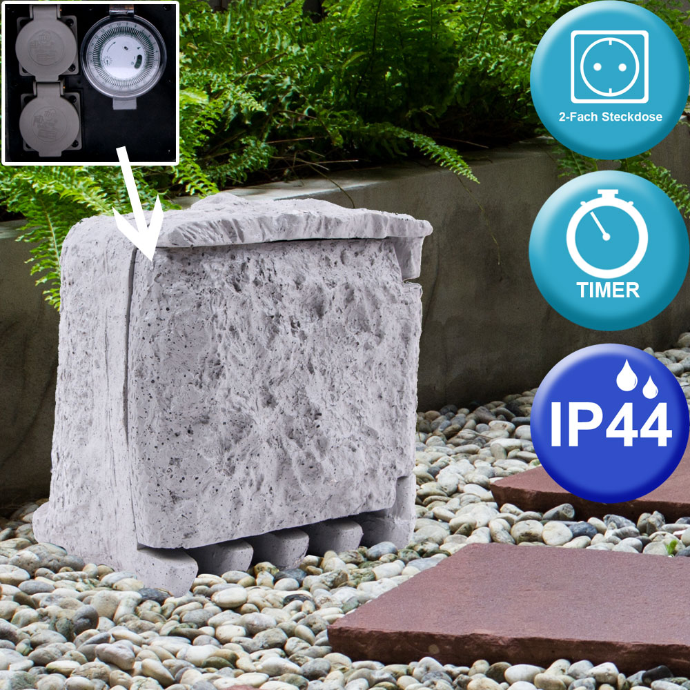 Garten Stromverteiler Stein 2-Fach Strom Verteiler Stein Optik Steckdosen Außen Garten 5m