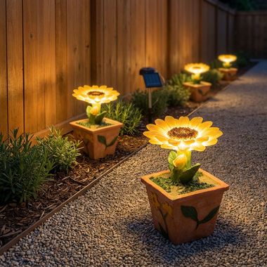 Quattro luci solari LED sotto forma di un fiore