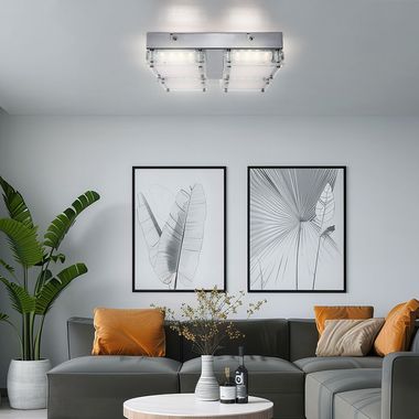 Plafonnier LED, 4 flammes, verre métal, chrome, L 28 cm
