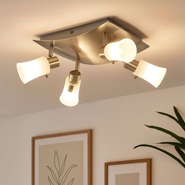 Plafondlamp, gesatineerd glas, beweegbare spots, L 28 cm