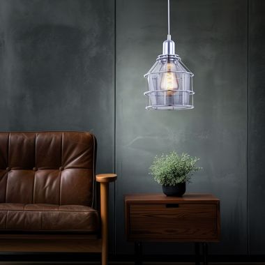 Suspension lamp, chrome design, glass, metal mesh, H 124 cm