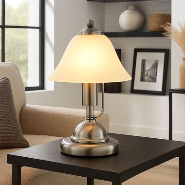 Lampe à poser, touch, verre albâtre, nickel, H 27 cm