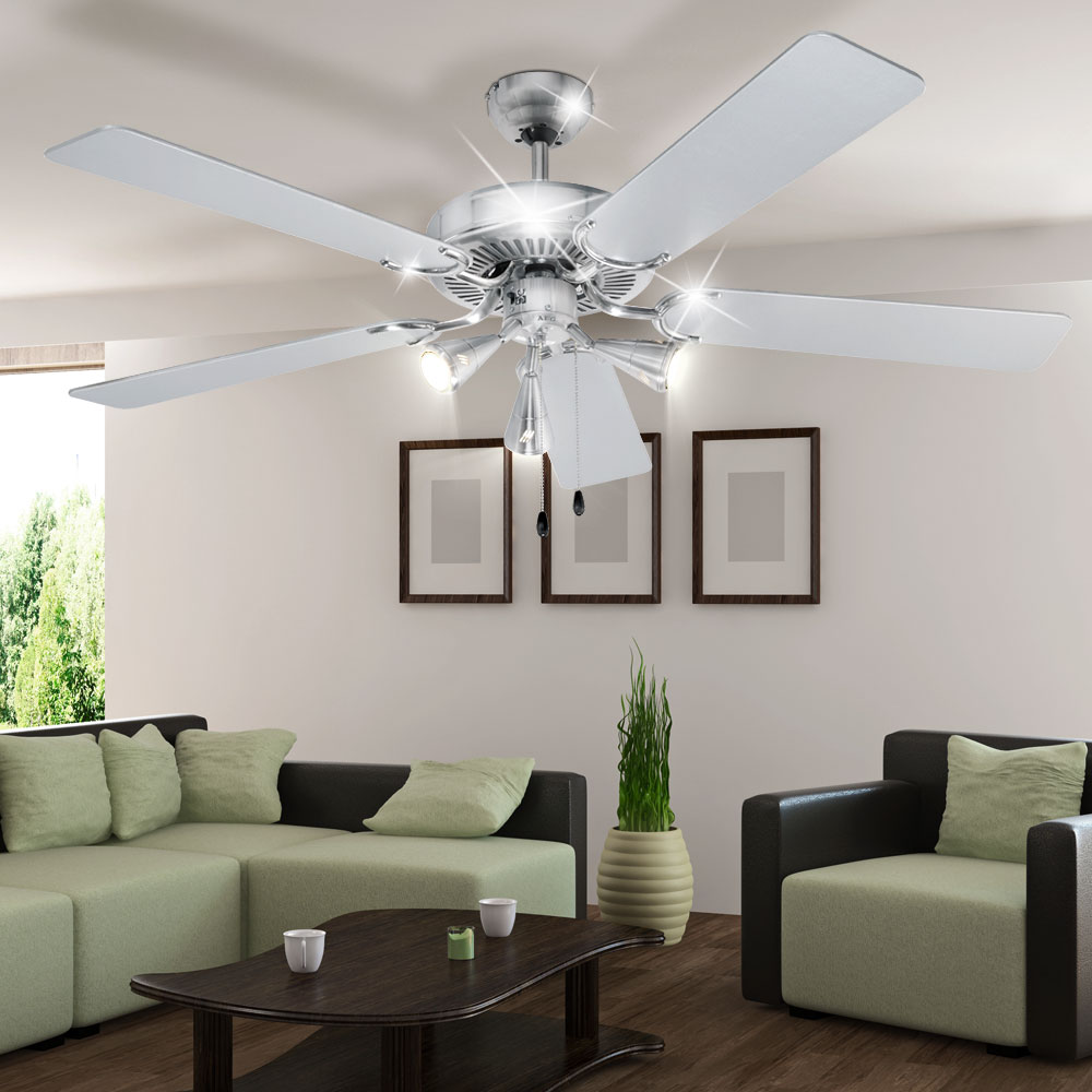 Design Luxus 5-Flügel Klima Decken Ventilator Lampe Edelstahl Esszimmer
