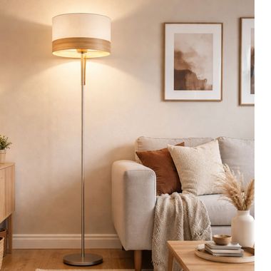 Staande lamp, beige textiel, houteffect, H 170 cm