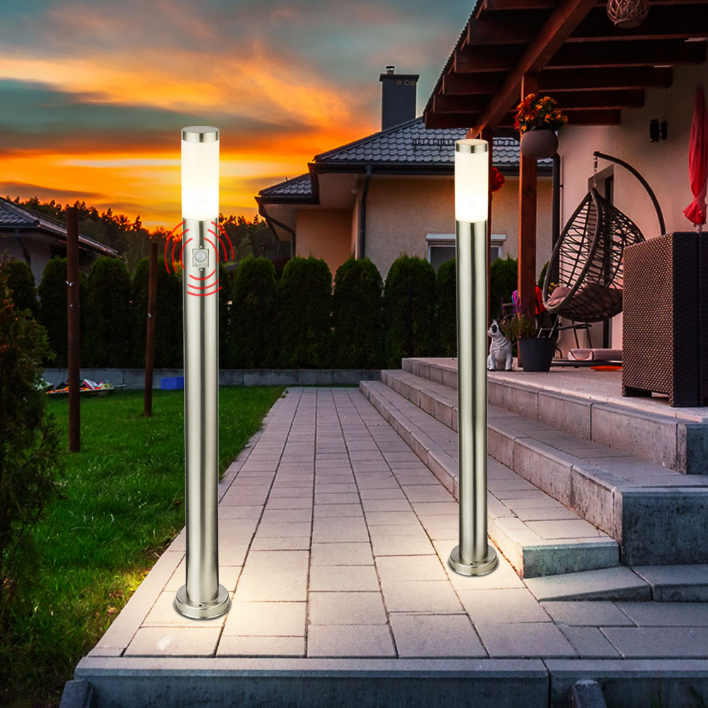 Stehleuchte mit Bewegungsmelder Außenleuchte stehend Edelstahl Stehlampe  Aussen Sensor, silber opal, 1x E27, H 110 cm, 2er Set | ETC Shop