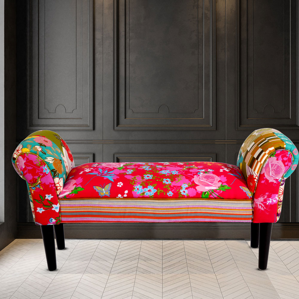 Design Patchwork Textil Sitz Bank Flur Polster Mobiliar Holz Füße 102